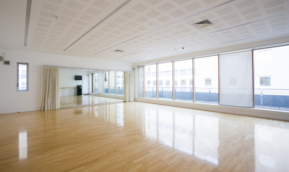 image of an empty studio with large windows on the right hand side and mirrors on the left