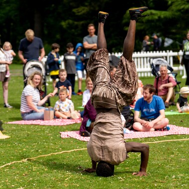 A man is facing away from us in front of an audience in a grassy park. He is balancing on his head with his legs in the air.