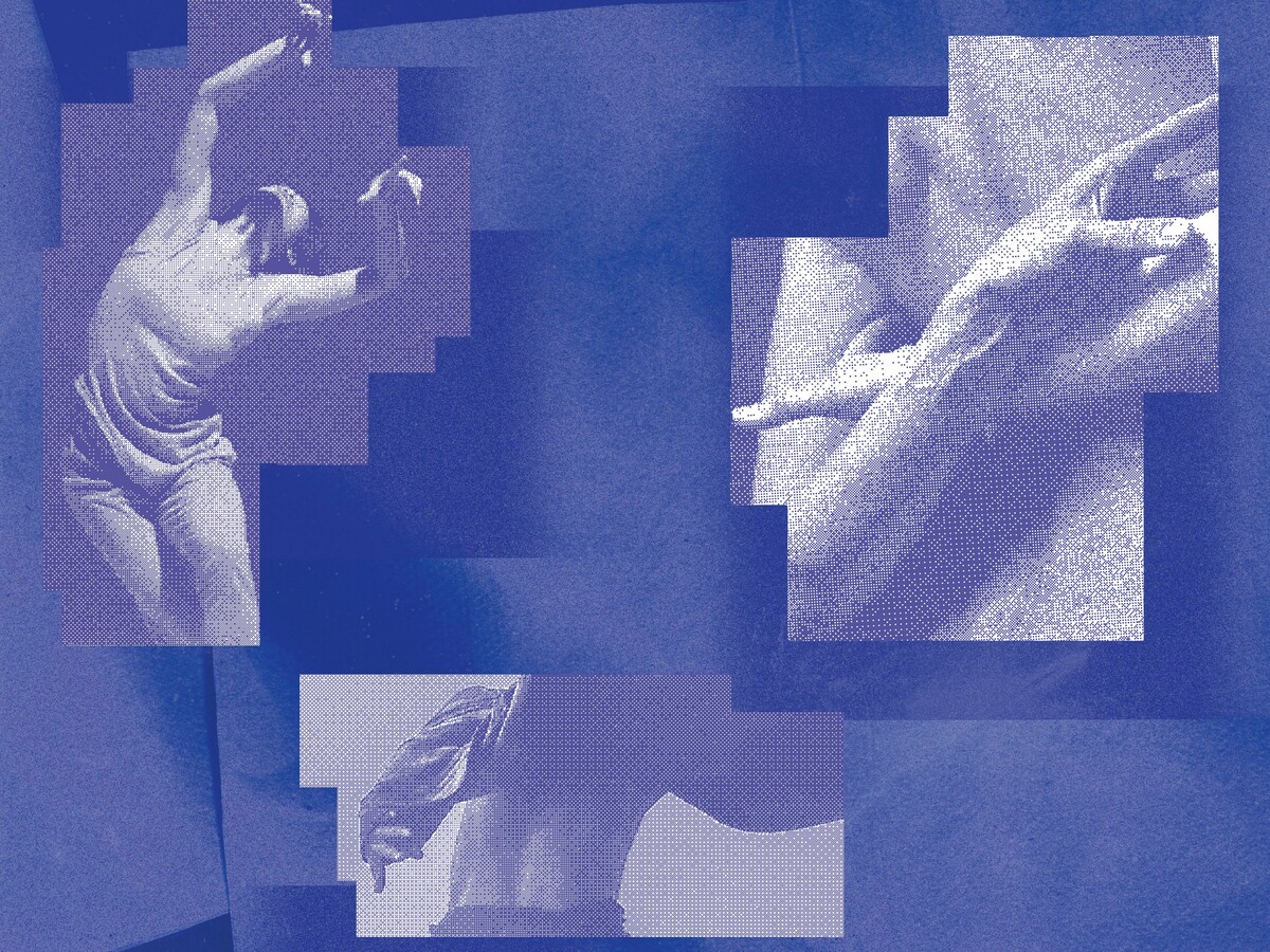 Three grainy blue photographs of dancers on a blue background.