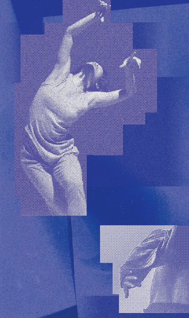 Three grainy blue photographs of dancers on a blue background.