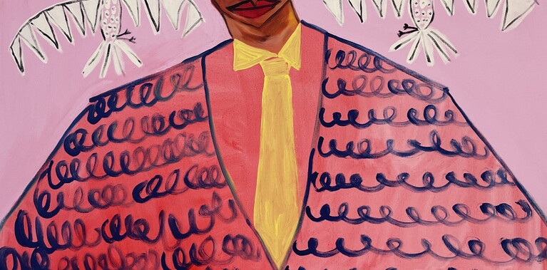Image of an oil painting. A person is dressed in a pink suit with a hat and a yellow tie.