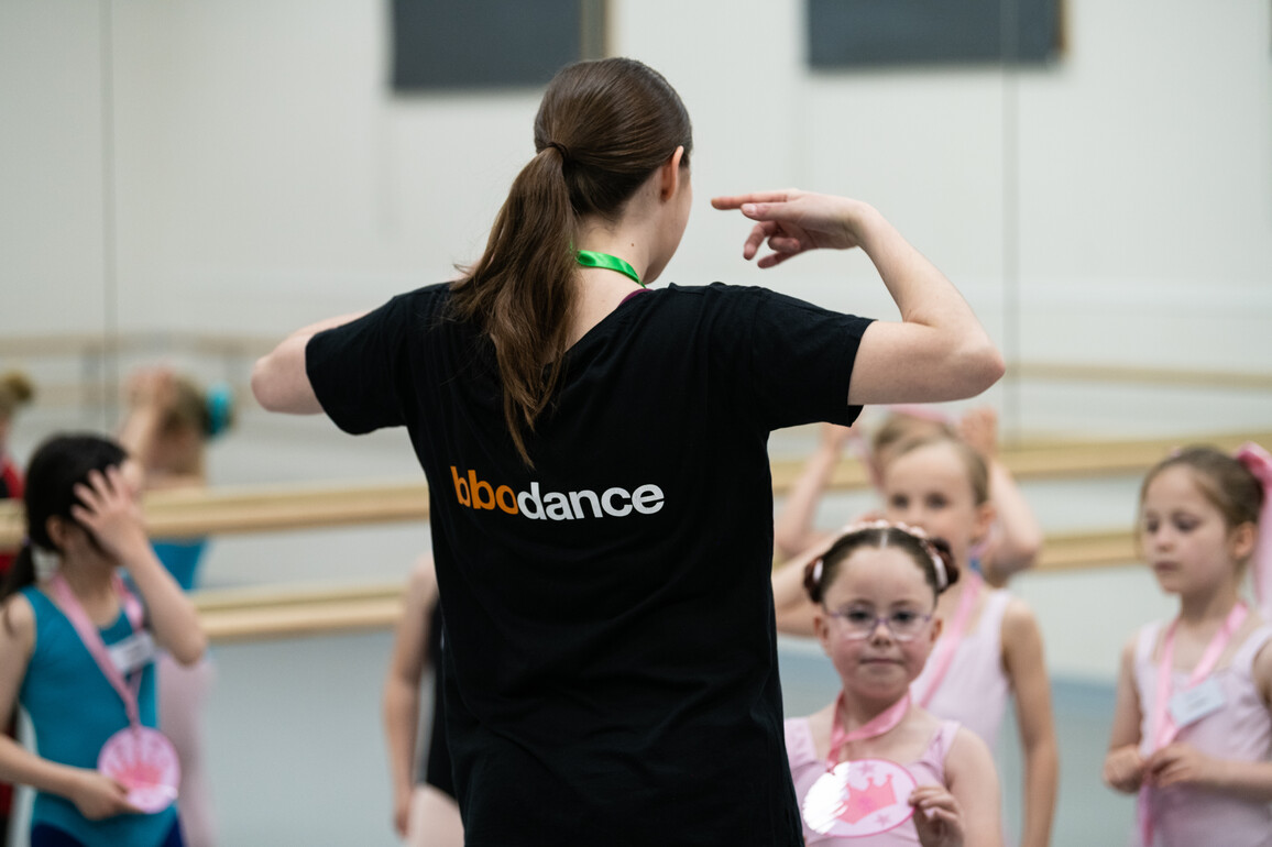 a bbodance instructor teaching a class of children