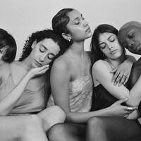 Image of five dancers. They are have their eyes shut and hold on to each other. Their hands caress each other's faces.