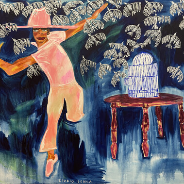 A image of Studio Lenca's painting Flock. The background is a bluish colour and on the right hand side is a red table with a white object on top. A person is on the left hand side.