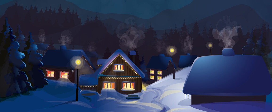 An illustration of a snowy village at night.