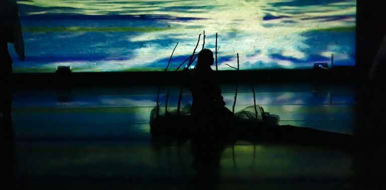 A lone dancer sits in silhouette against a backdrop that looks like shimmering water. Surrounded by delicate stick-like props, the scene creates a serene, dreamlike atmosphere.