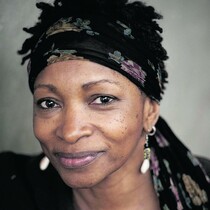 Portrait of Bonnie Greer. She is a black woman wearing a head scarf with some hair showing and has white / silver earrings.