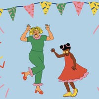 An illustration of an adult dancing with a child. The background is light blue and there is illustrations of bunting.