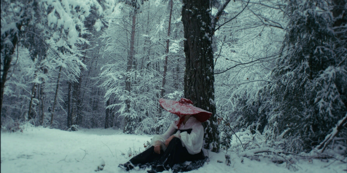 A person sat in a snowy forest wearing a large red hat, which hides their face.