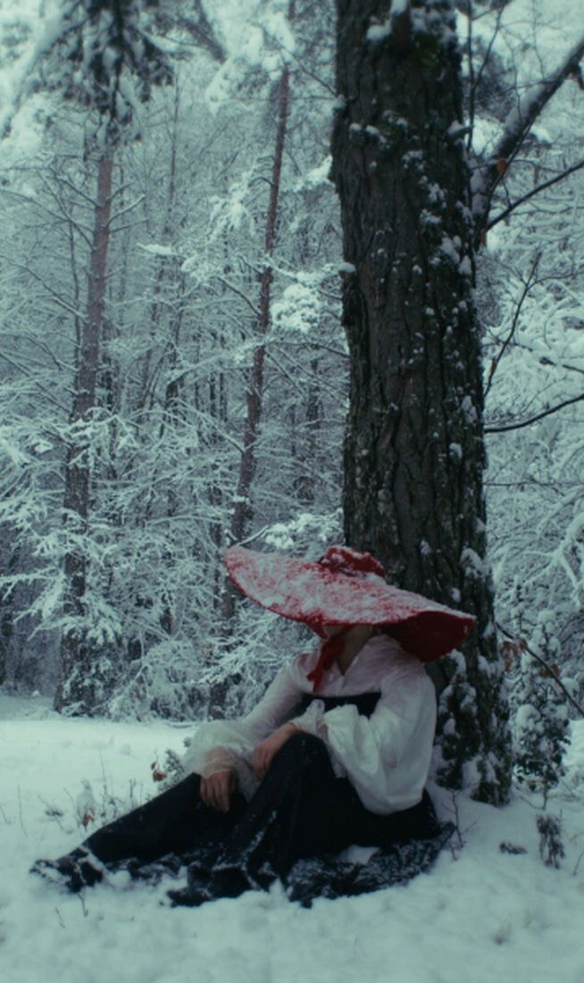 A person sat in a snowy forest wearing a large red hat, which hides their face.